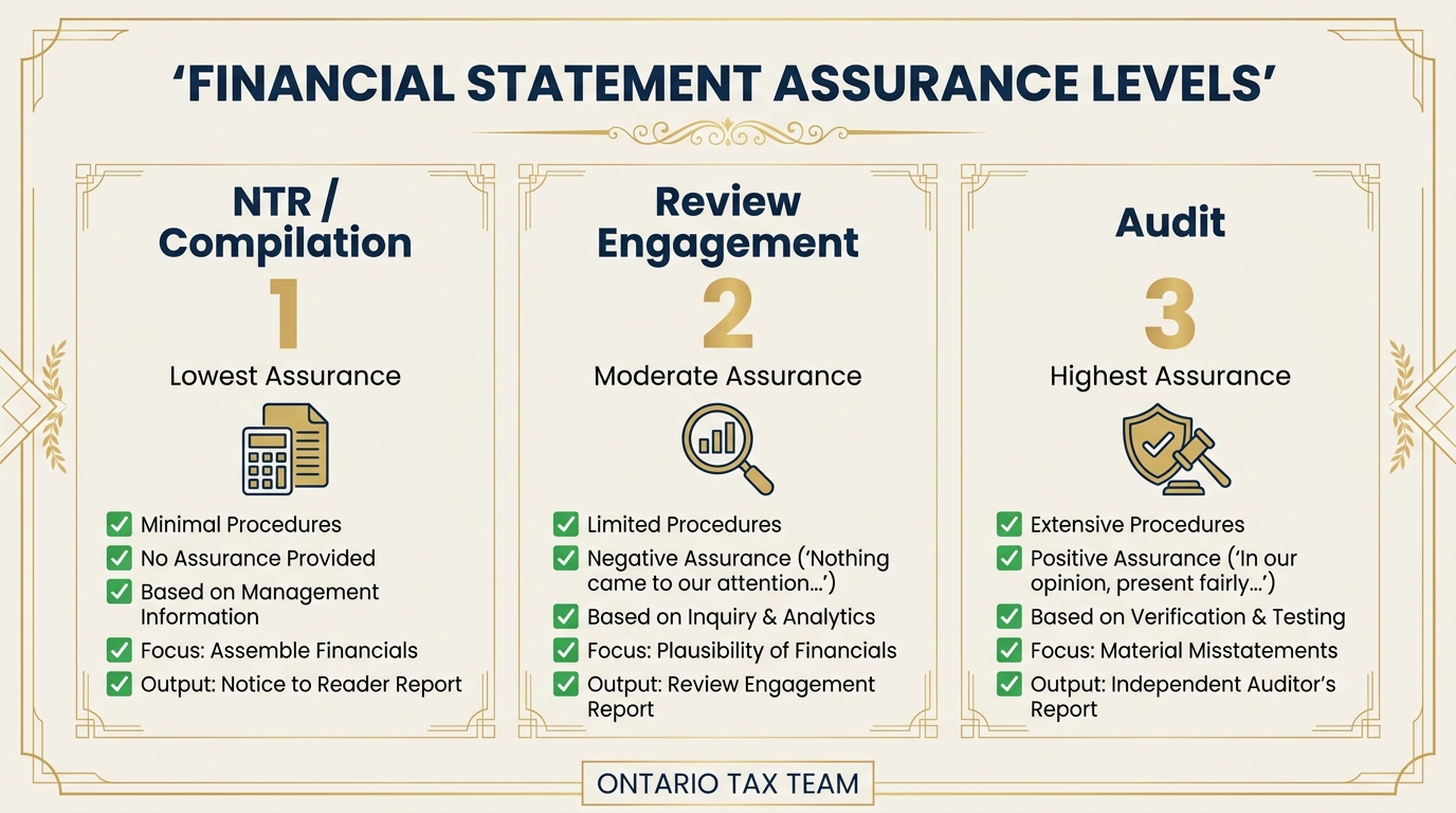 NTR versus Review Engagement versus Audit comparison showing three levels of assurance for Canadian financial statements