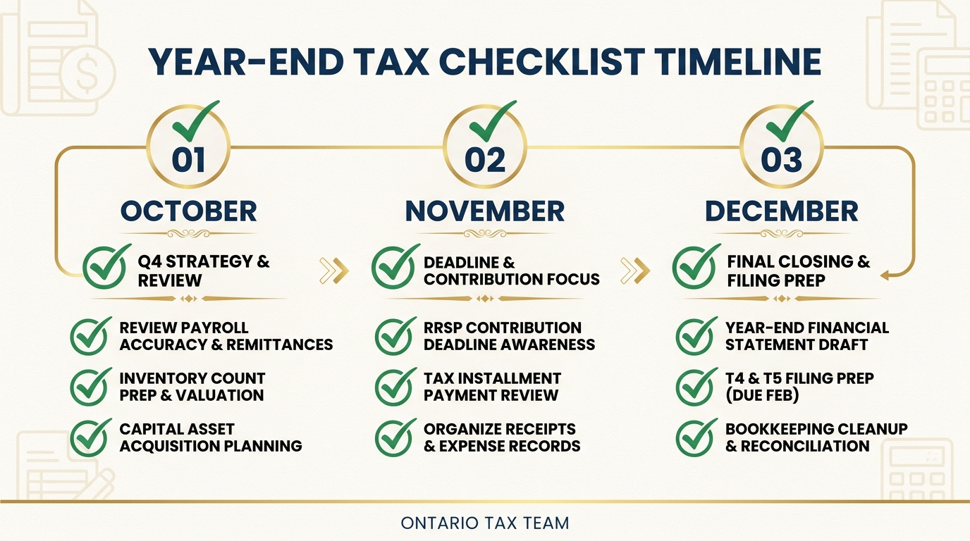 Year-end tax checklist with three month timeline covering October November and December tasks for Canadian small businesses