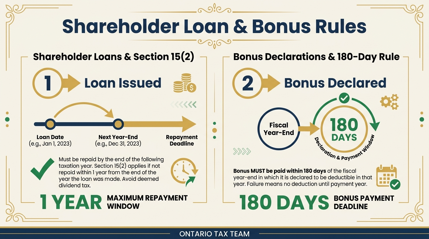 Year-end shareholder loan and bonus declaration rules showing Section 15(2) repayment deadlines and 180 day bonus window