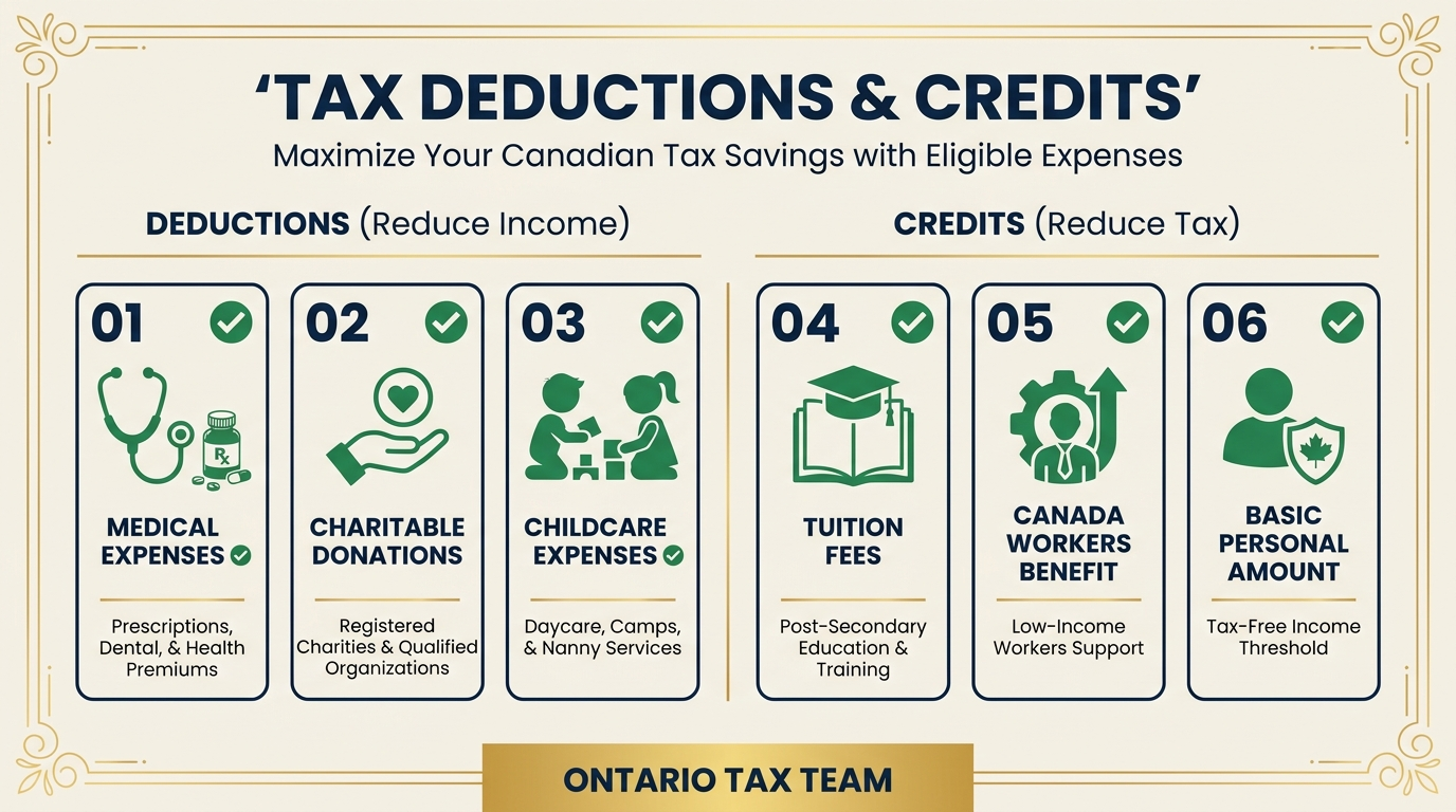 Tax deductions and credits that reduce your Canadian tax bill including medical charitable childcare and tuition receipts
