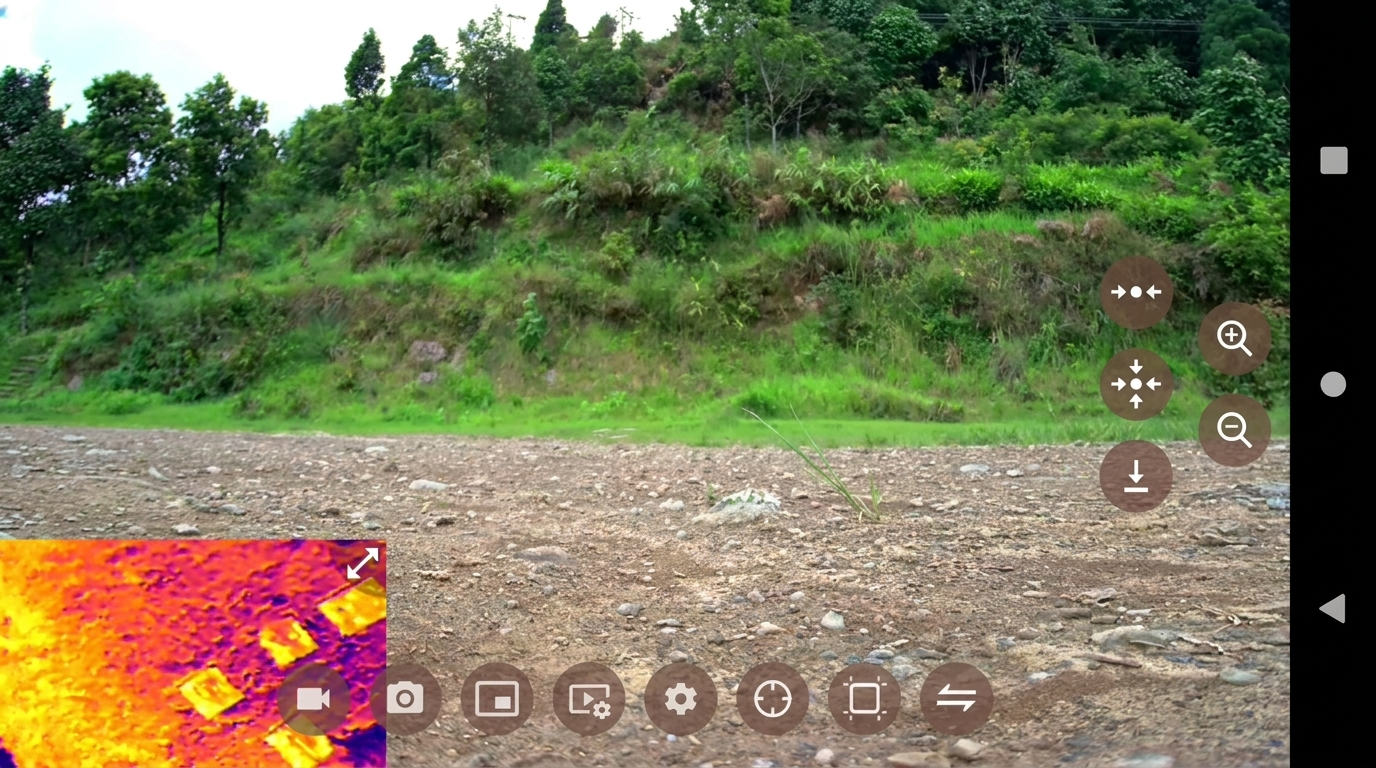 KlmFly GCS live camera feed with thermal imaging picture-in-picture inset and on-screen camera controls