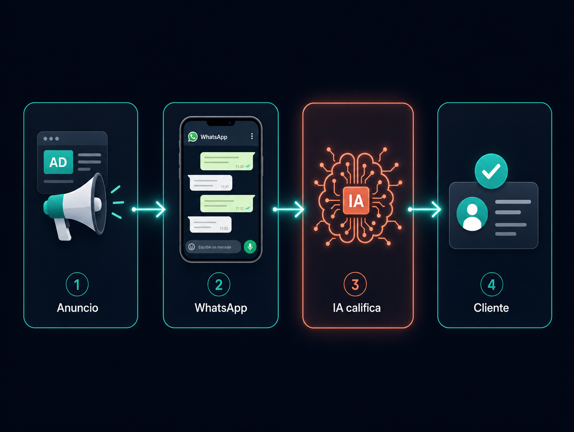 Flujo de automatización: anuncio, WhatsApp, IA y cliente