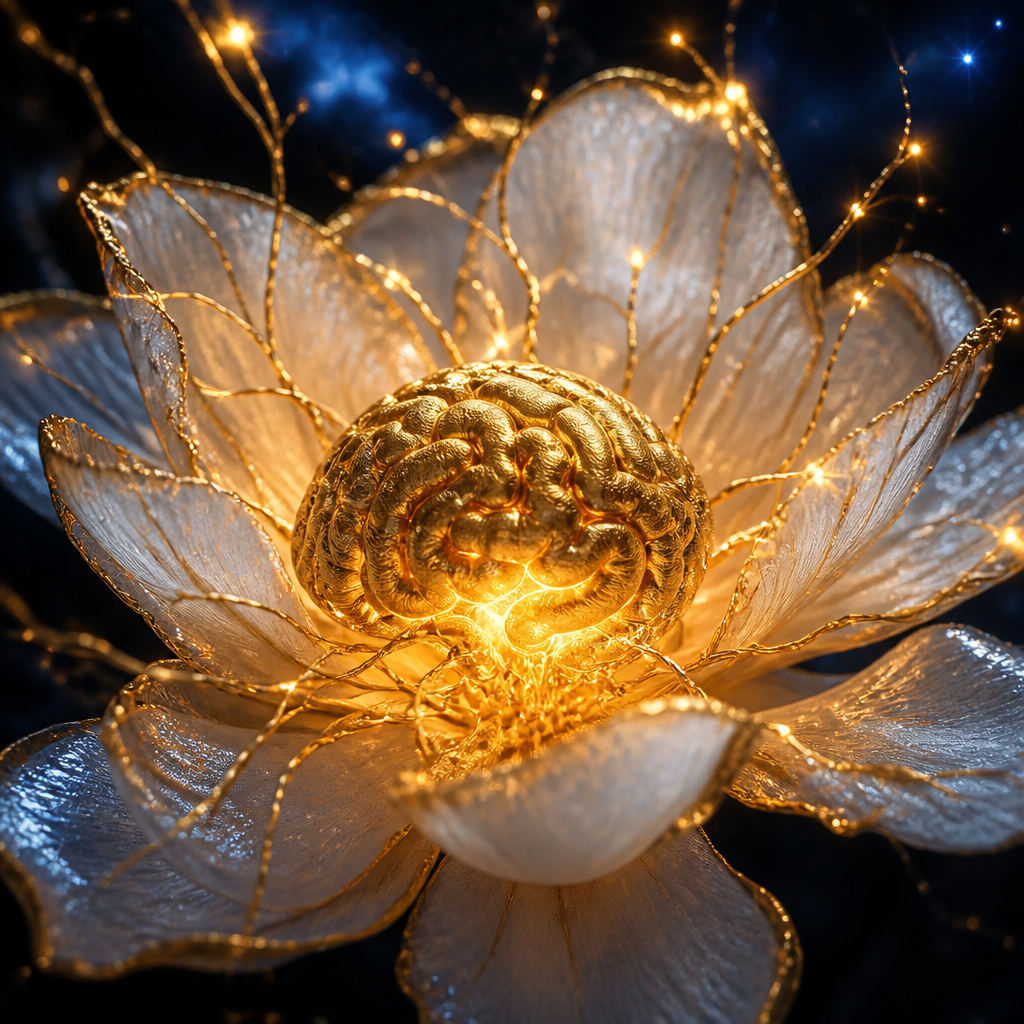 A golden brain resting inside a white flower — the symbol of The Mind Flower