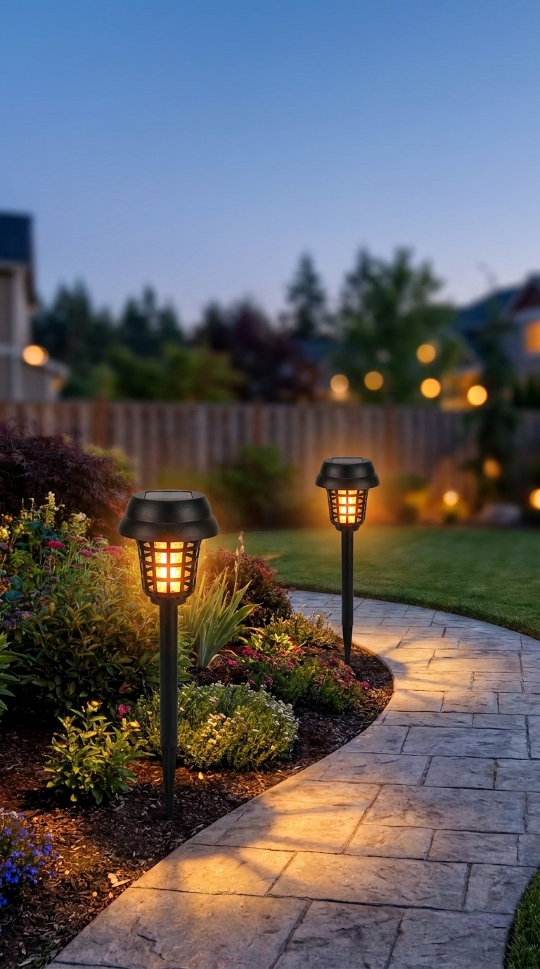 FlameGuard solar torches glowing in a backyard at dusk