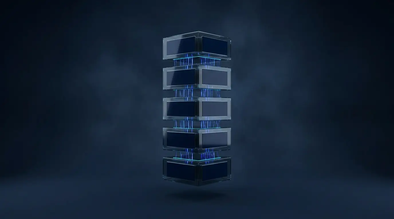 Stack of dark glass server cubes linked by light