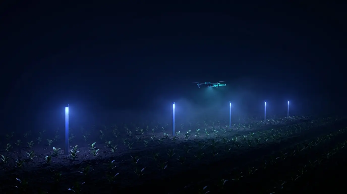 Night crop rows with IoT sensor pylons and drone