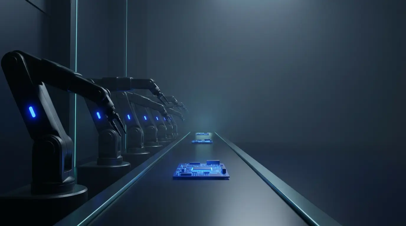 Robotic assembly arms on a dark production line