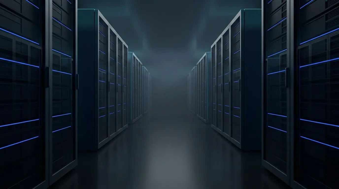 Data center corridor with blue status lines