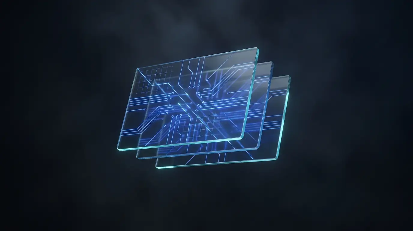 Layered glass panels with glowing interface grids