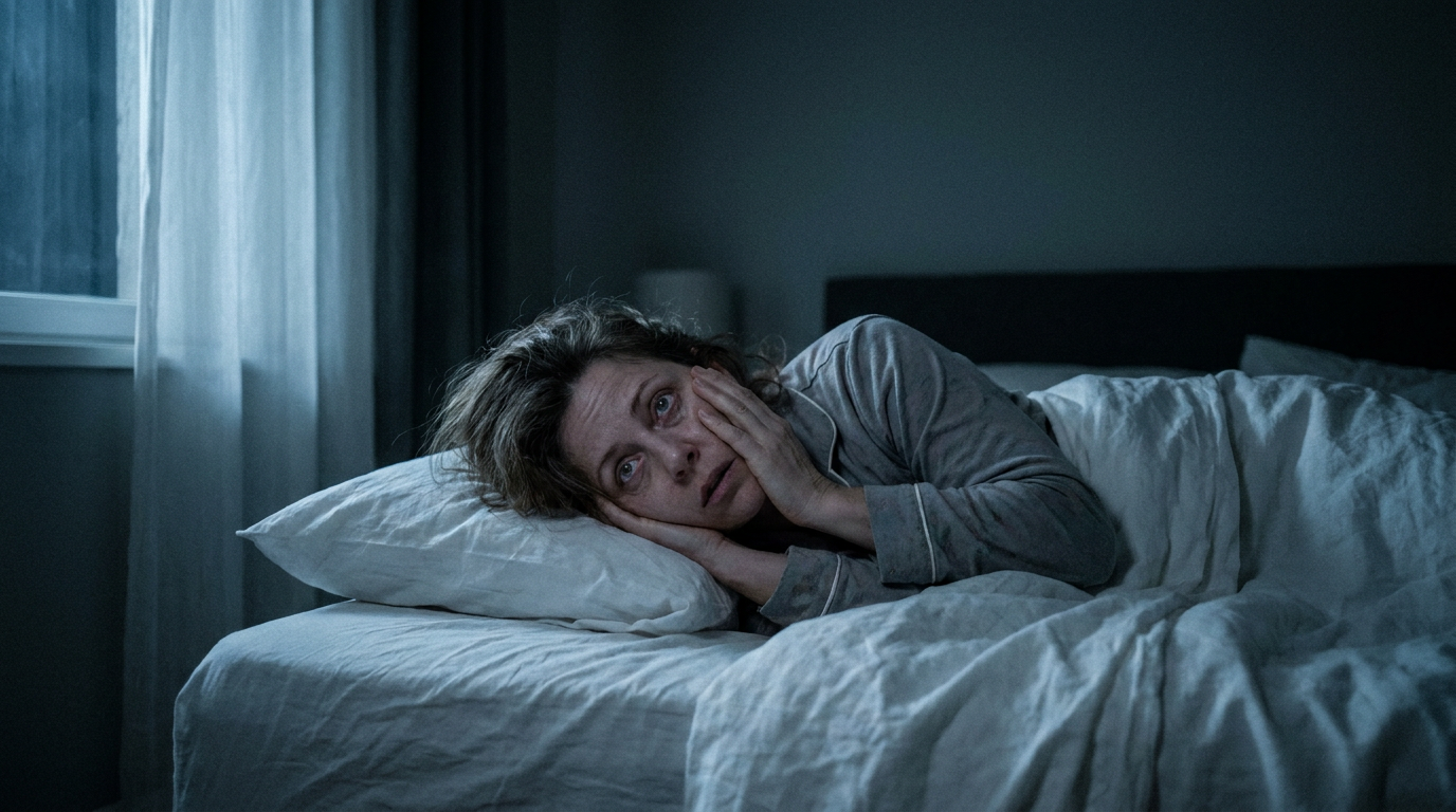 A woman lying awake at 3am, unable to sleep