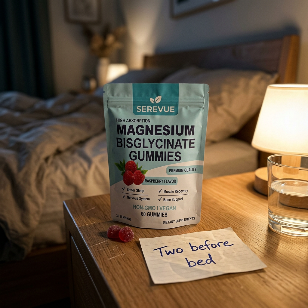 Serevue gummies on a nightstand with a handwritten two before bed note