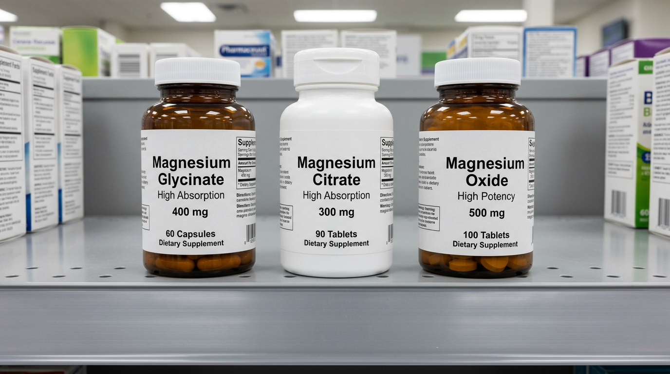Three high-absorption magnesium bottles on a pharmacy shelf: glycinate, citrate, and oxide