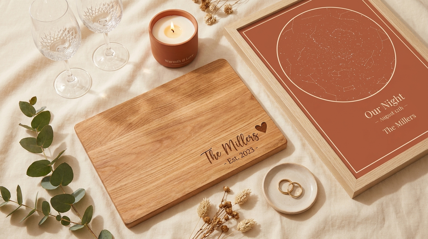 Personalized Amazon wedding keepsakes — engraved board, star map and monogram décor