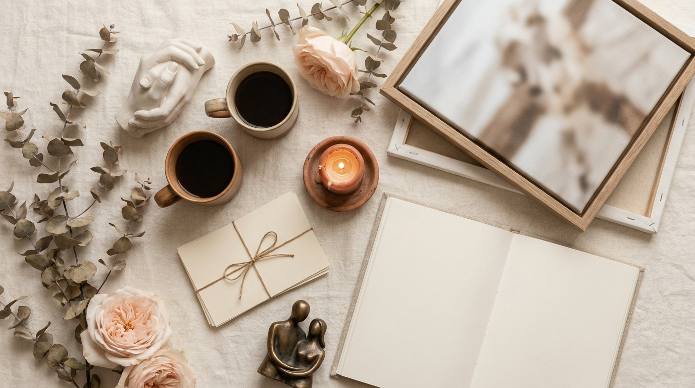 Romantic Amazon anniversary gift ideas flat lay — keepsakes, candle and roses