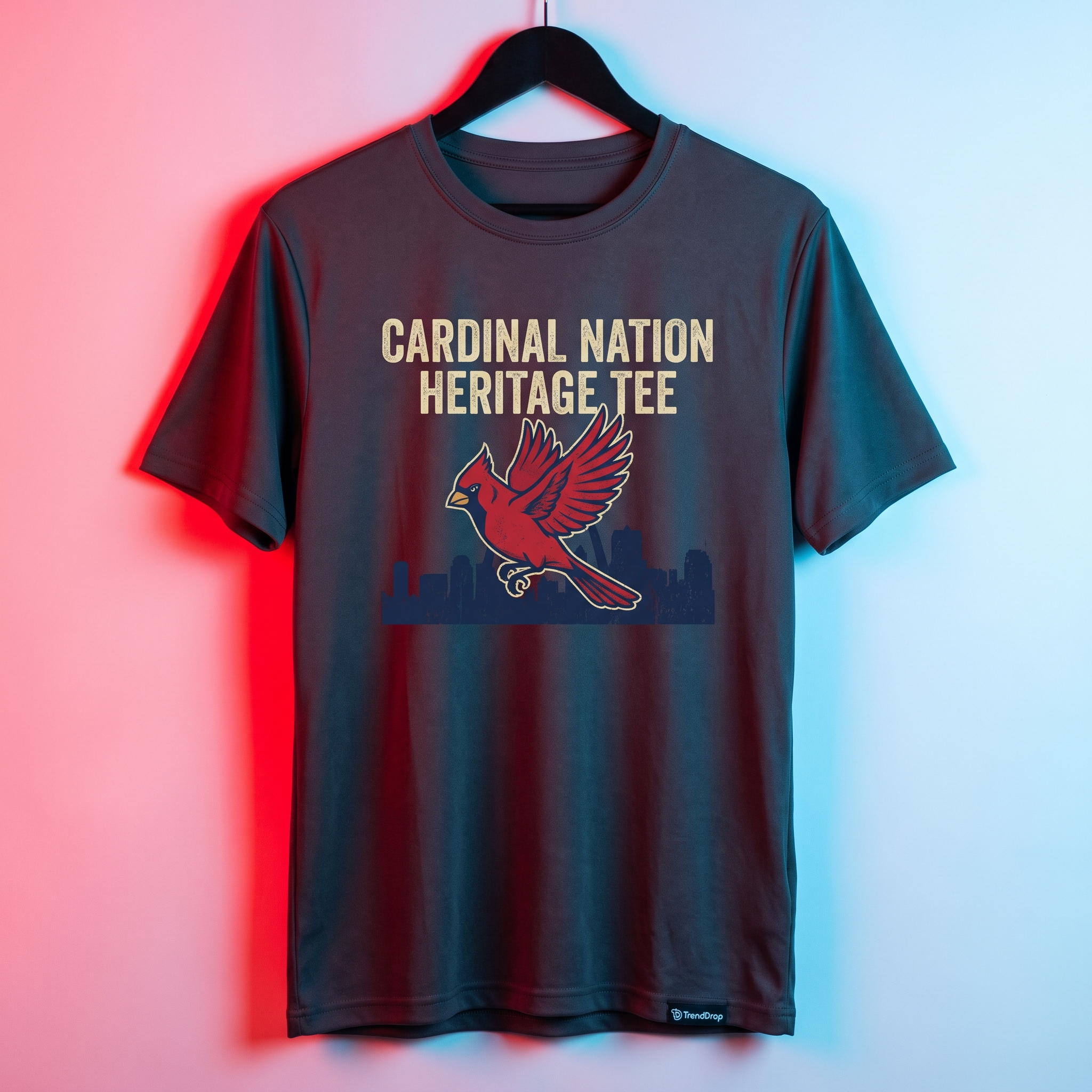 Cardinal Nation Heritage Tee — retro-inspired cardinal bird graphic with St. Louis skyline silhouette — Unisex Performance Crew Neck T-Shirt
