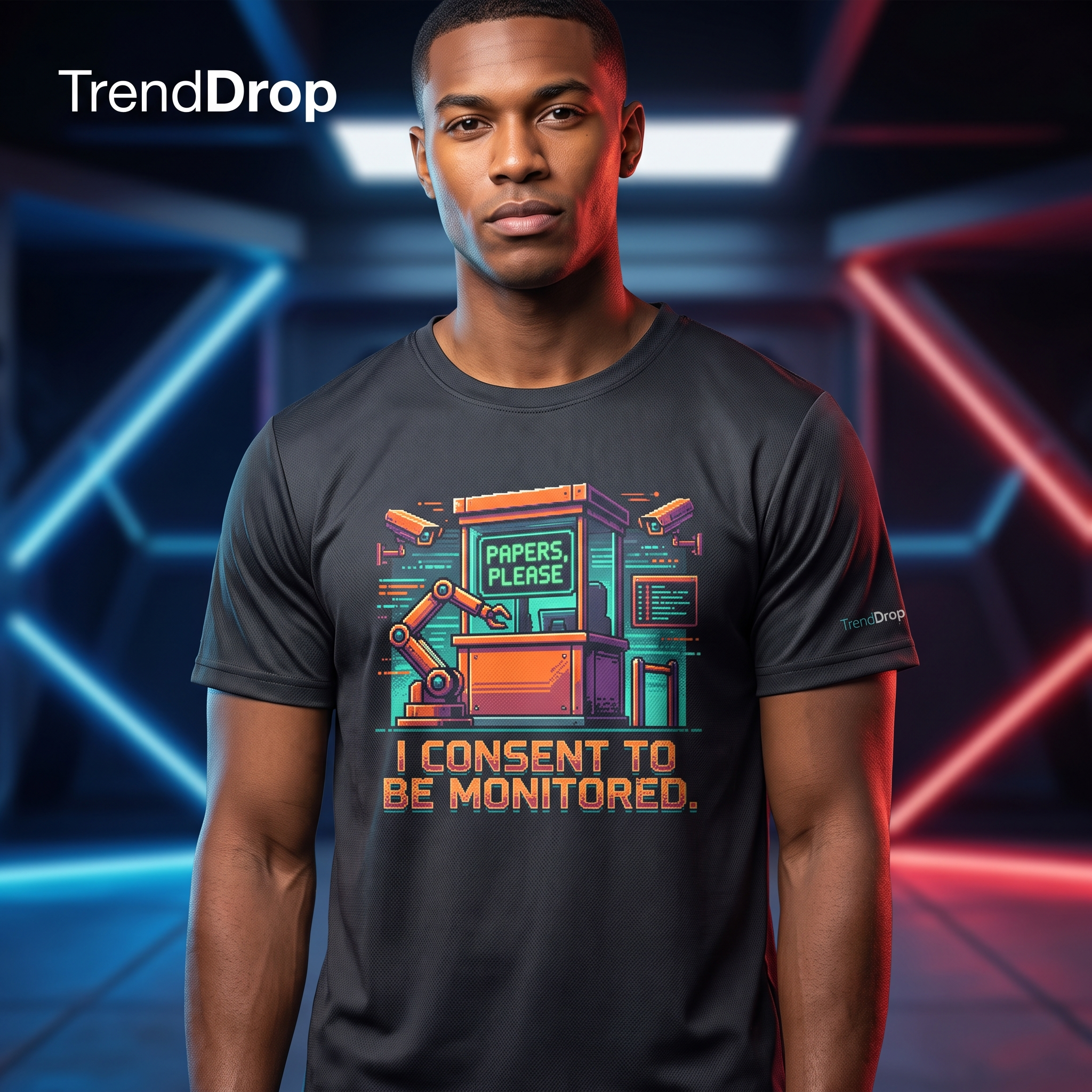 Papers Please Dystopia Tee - retro-futuristic design featuring surveillance motifs with ironic consent text — Unisex Performance Crew Neck T-Shirt