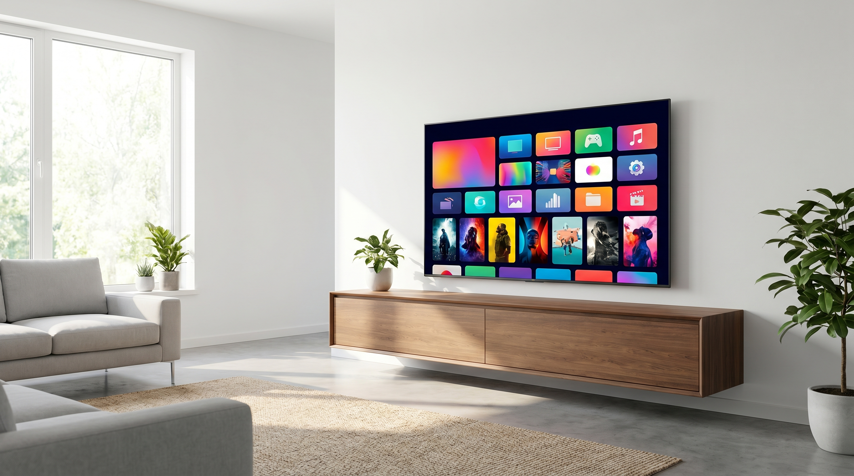 A Samsung-style Smart TV showing a streaming app grid of channels and movies