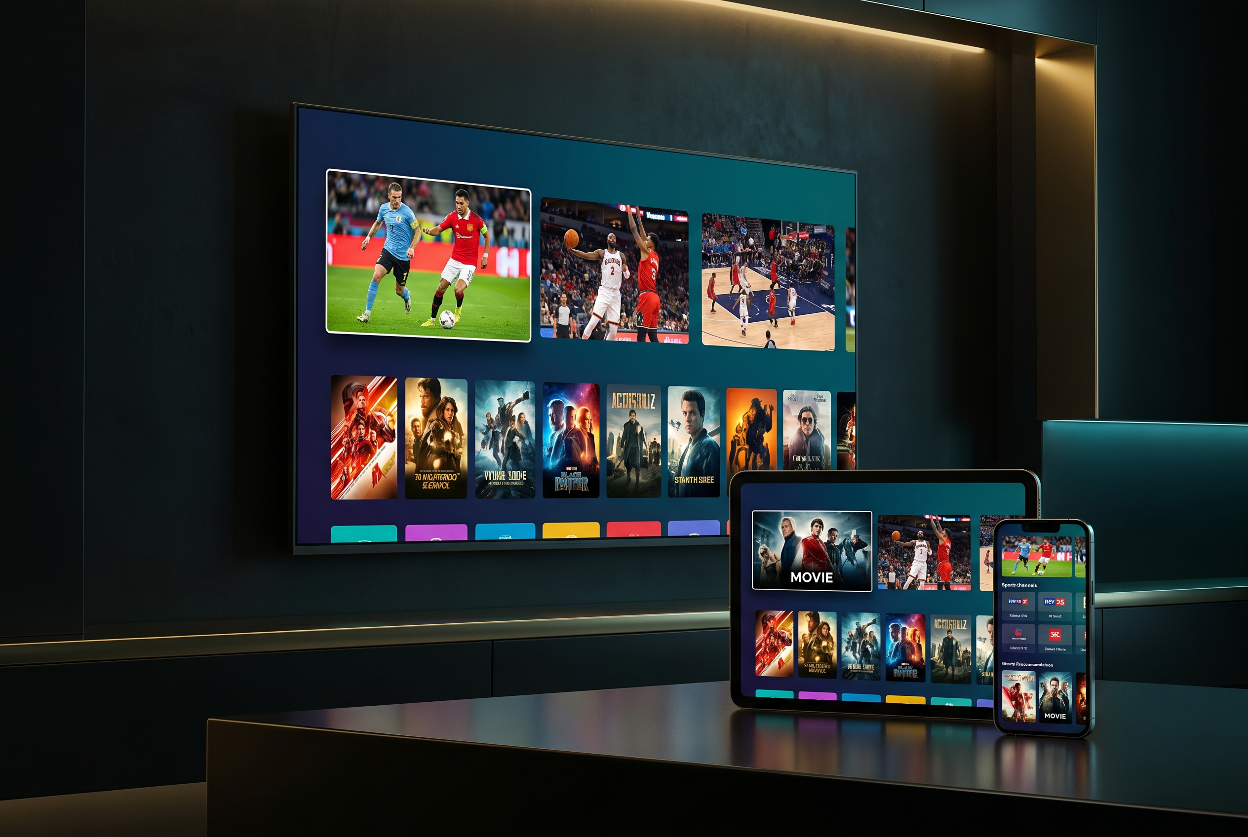 OpticStream UK IPTV running on a smart TV, smartphone and tablet