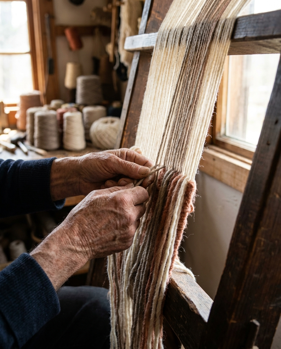 Artisan hands knotting a wool rug on a traditional loom