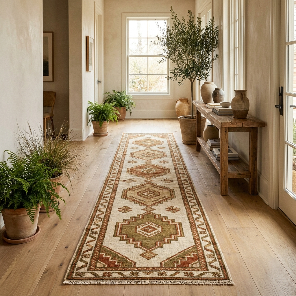 Handwoven runner rug in a sunlit hallway