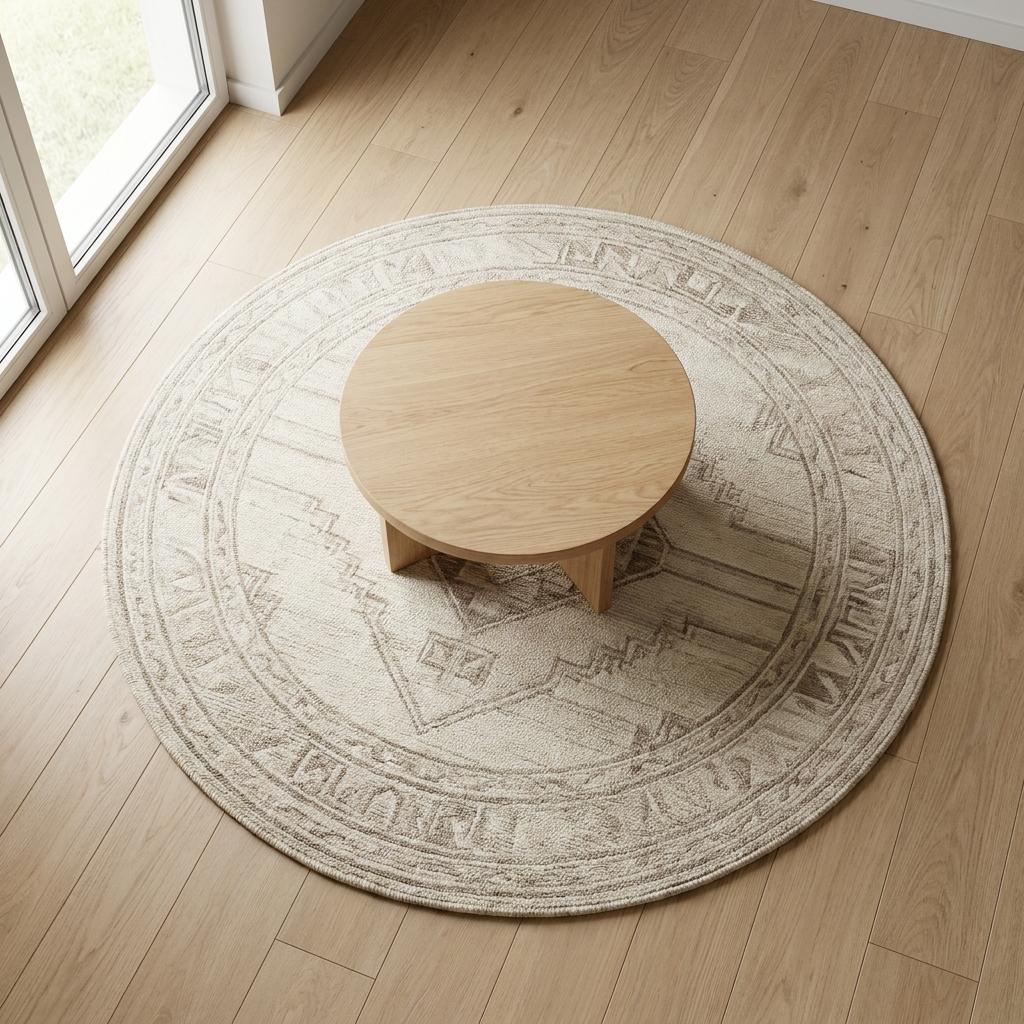 Round handwoven rug under a coffee table
