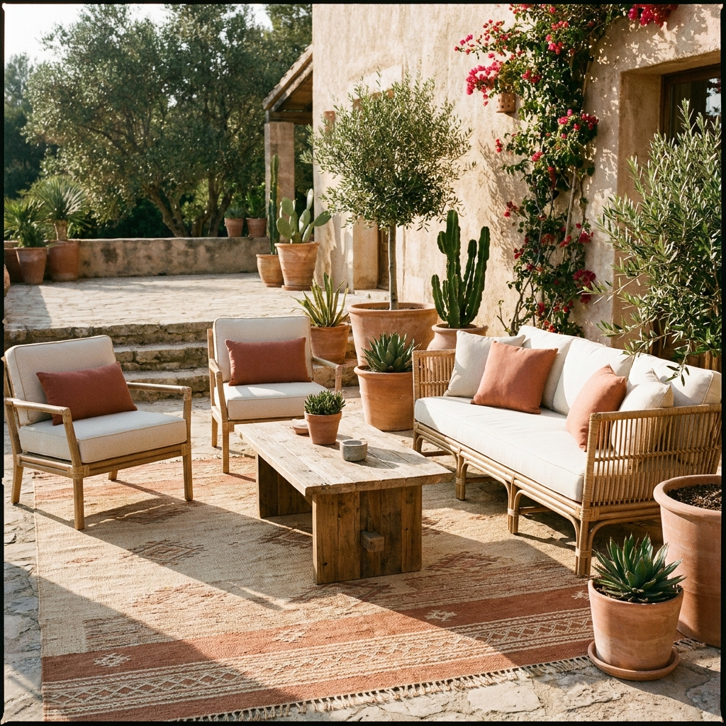 Outdoor flatweave rug on a patio