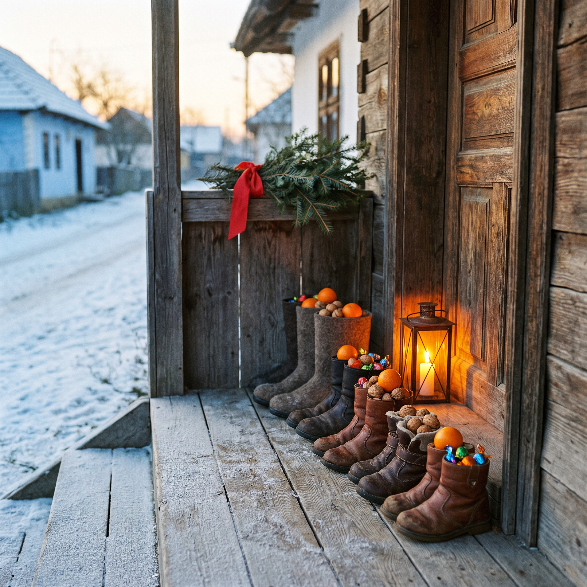 A snowy Moldovan doorstep at dawn with boots lined up by the door, filled with oranges, walnuts, and small sweets left overnight for Sfântul Nicolae, lit by a warm lantern.