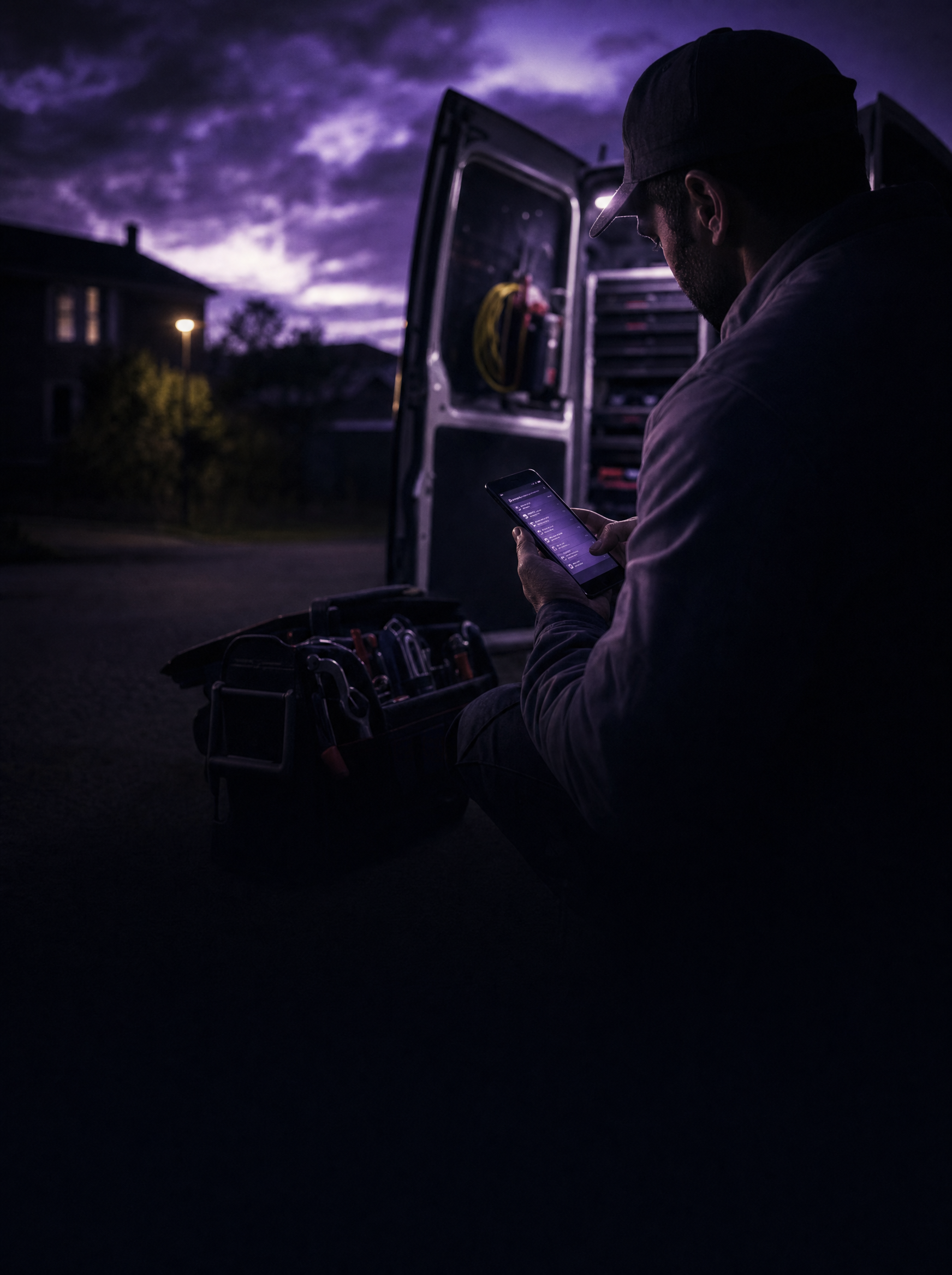 Field service technician with a phone by a work van at dusk