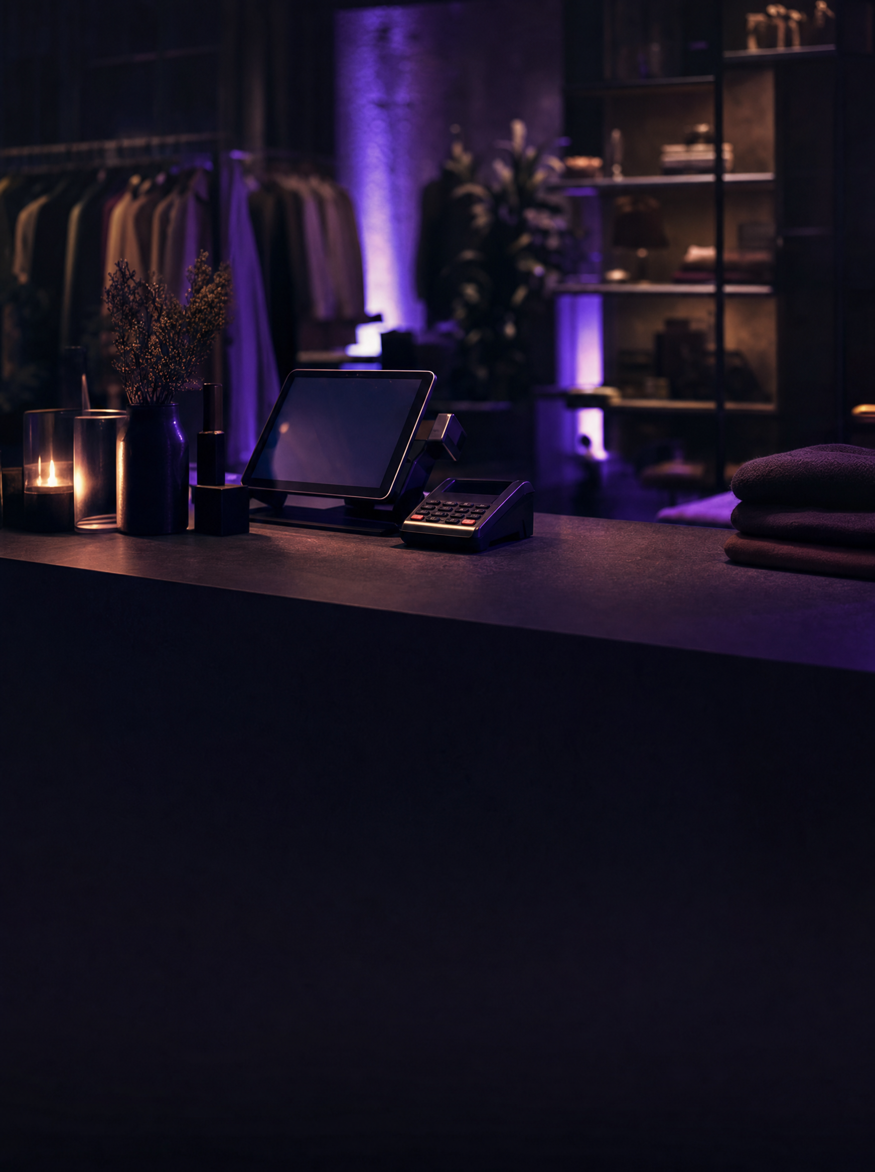 Retail point-of-sale counter with a tablet and card reader at night