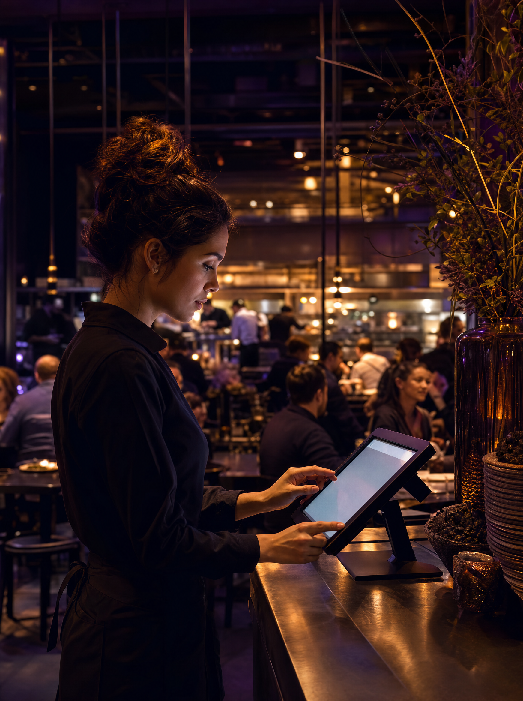Server taking an order on a tablet in a busy restaurant