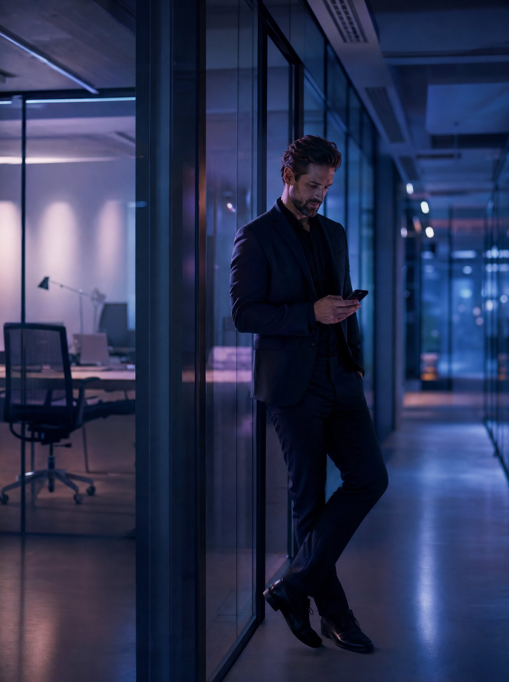Professional checking a phone in a modern office