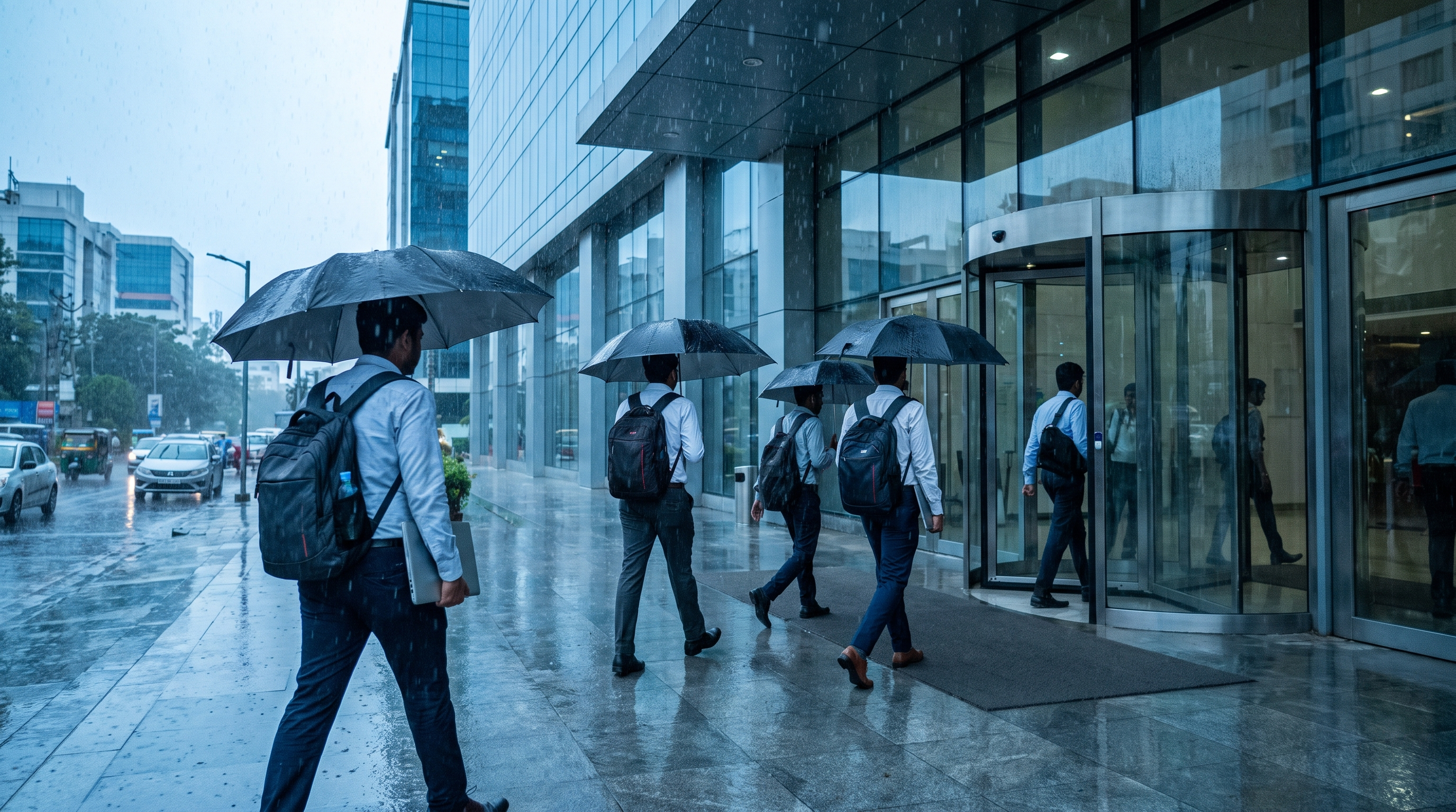 Young tech professionals with backpacks and laptop bags walking through a rain-soaked Indian city street holding compact umbrellas during their morning commute