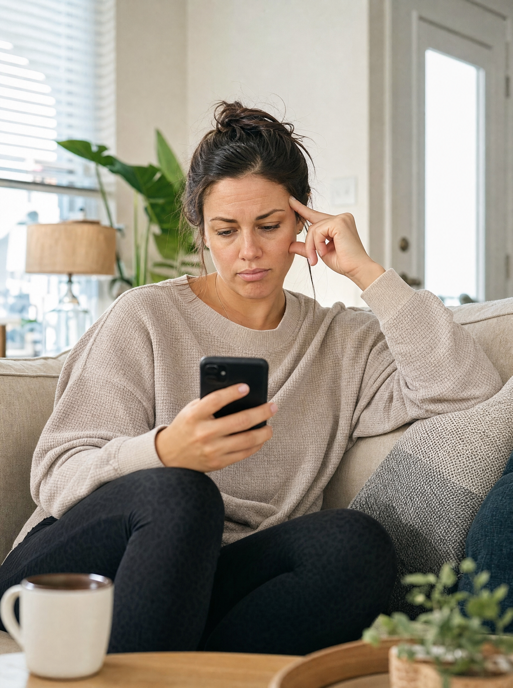 Woman on couch looking at phone, thoughtful expression