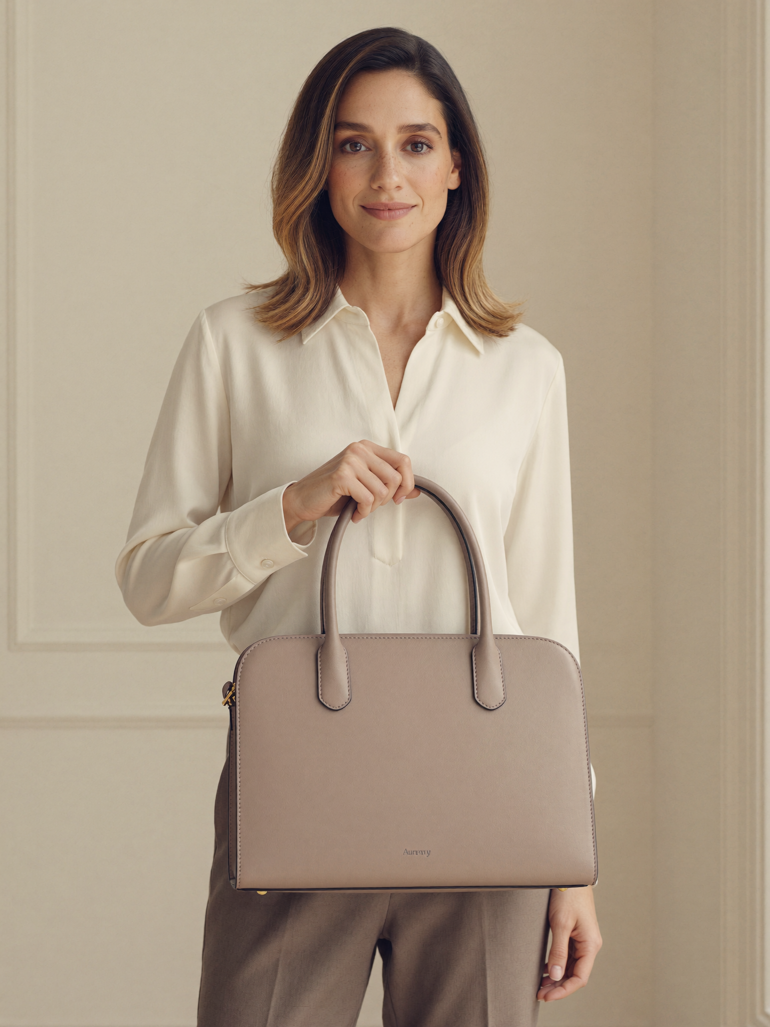 The Aurevy woman holding the Sovereign Carryall in taupe