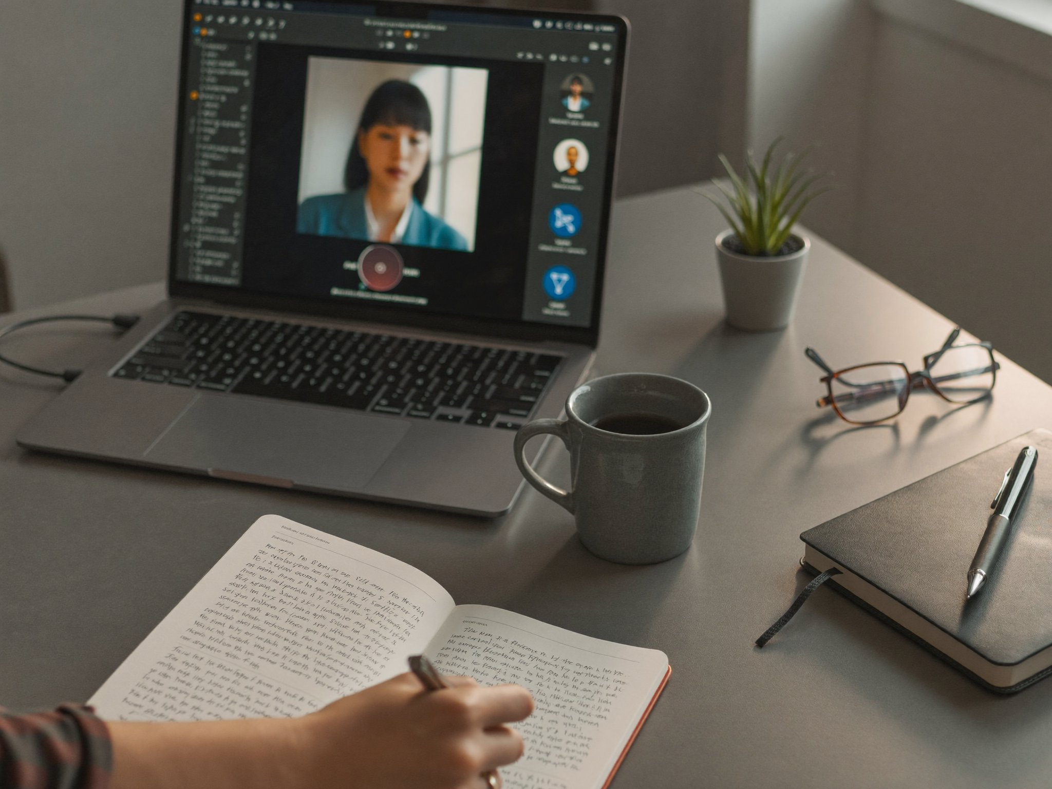 A psychiatrist's desk during a telepsychiatry session: an open laptop showing a softly blurred video call, a notebook and fountain pen, and a coffee mug in soft window light.
