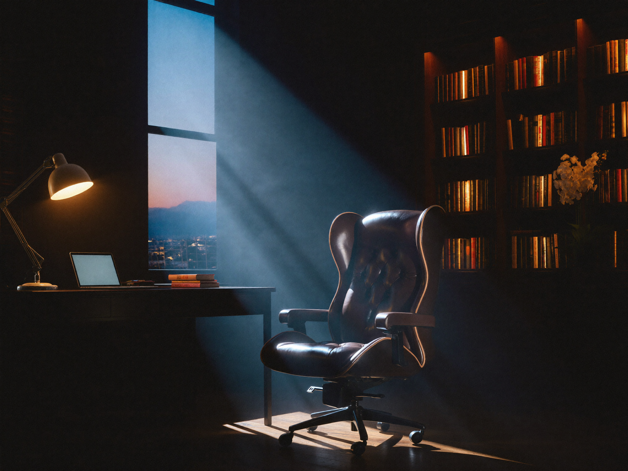 A psychiatrist's office at twilight: a leather chair lit by a shaft of cool window light, a desk with a warm lamp and laptop, and a wall of books.