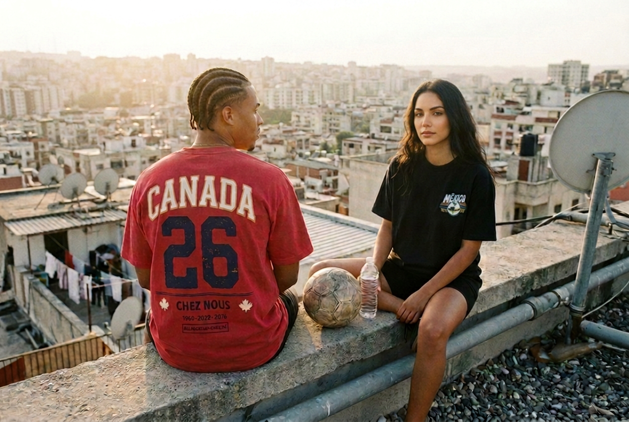 Two fans on a rooftop at golden hour