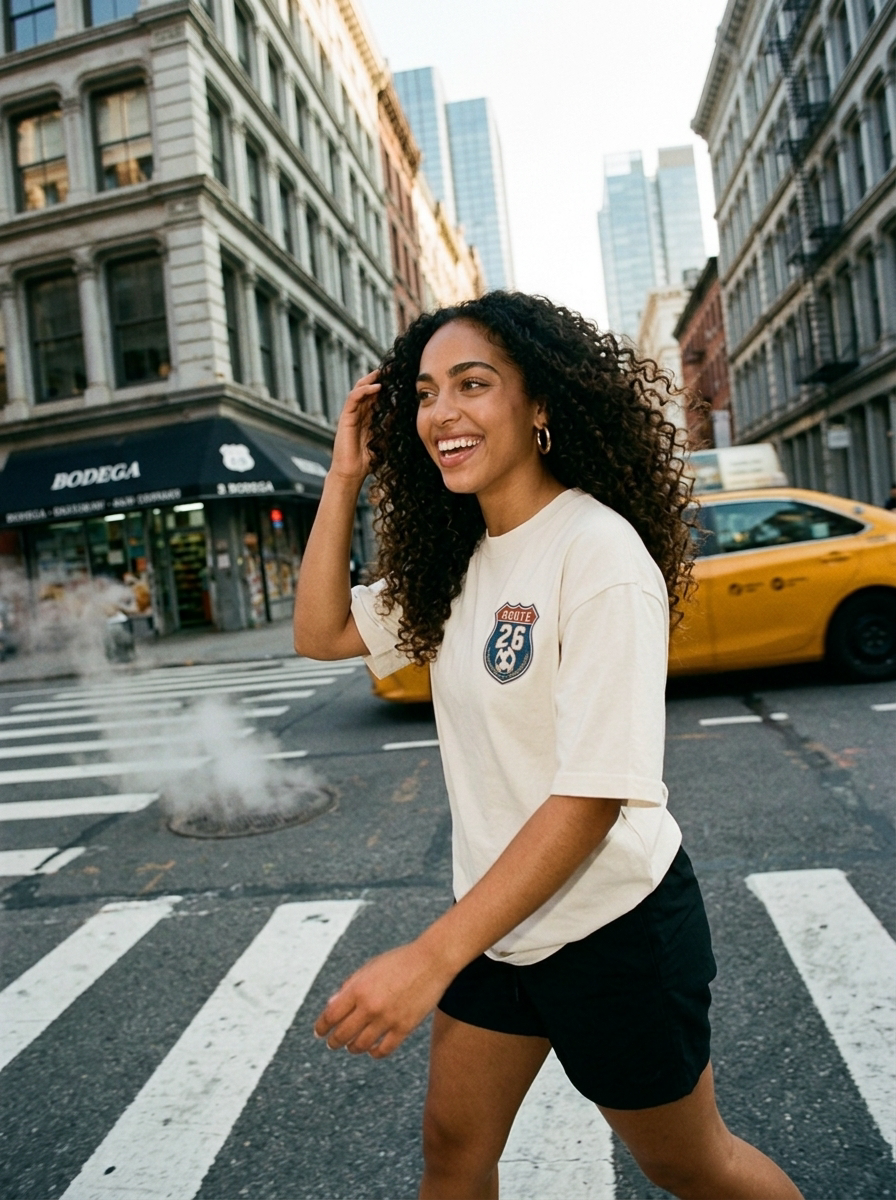 Fan crossing a New York street in ATA