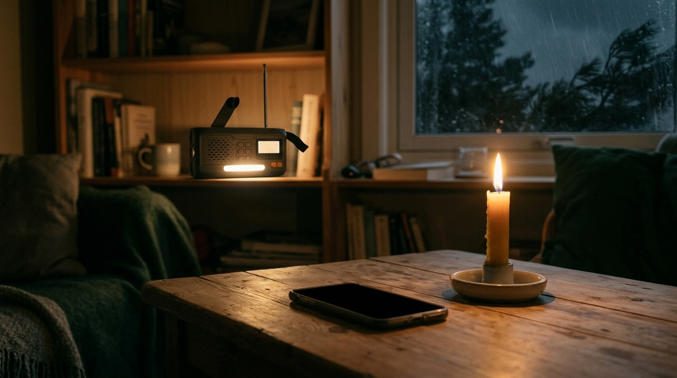 Mørk stue med dødt mobildisplay og nødradio som lyser