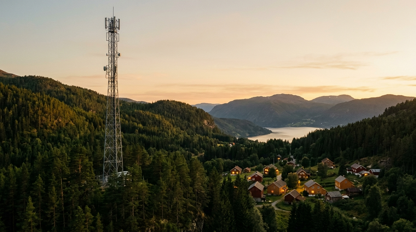 Mast i skumring over norsk boligfelt