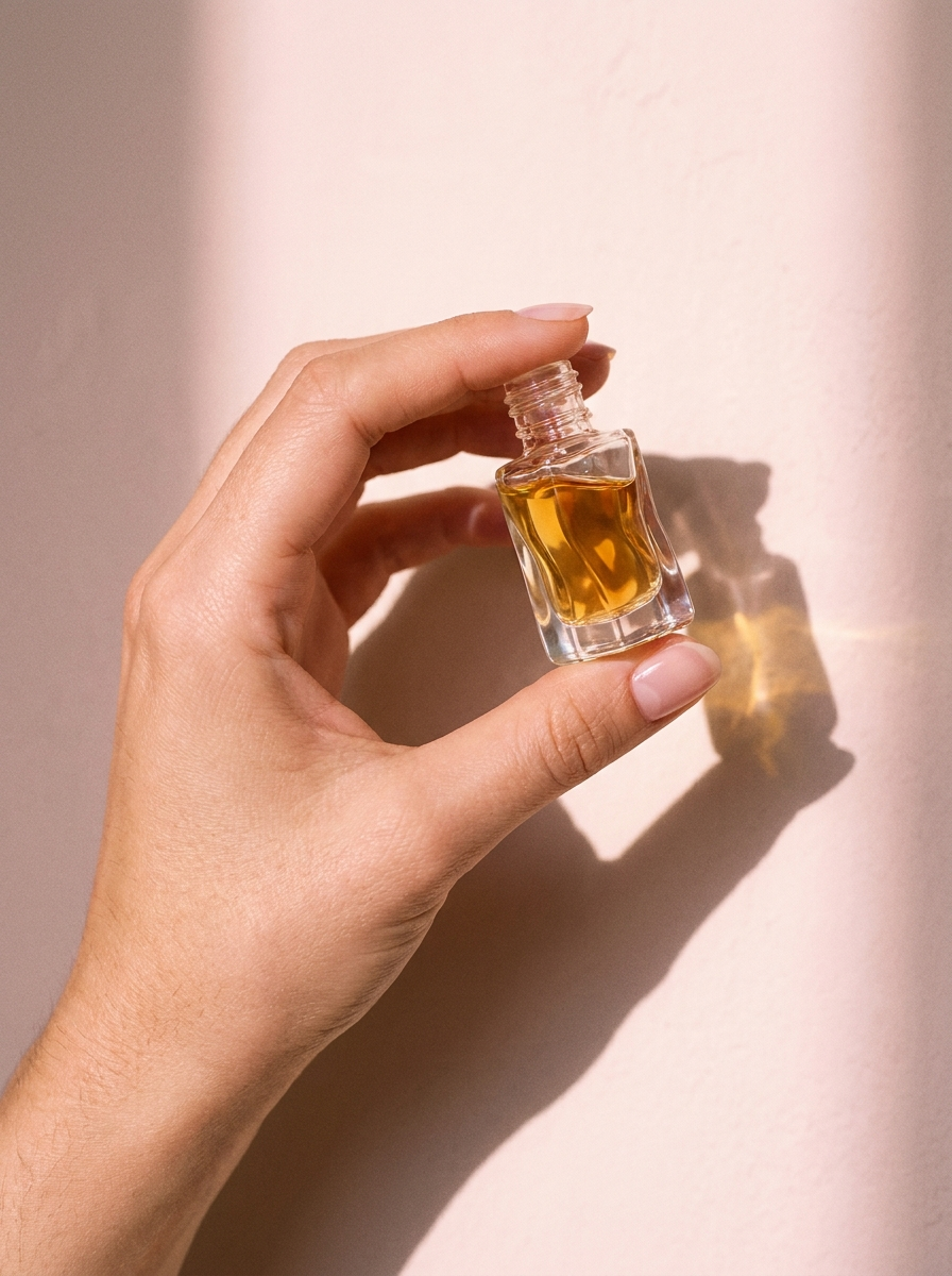 Hand holding a small glass perfume vial in pink light