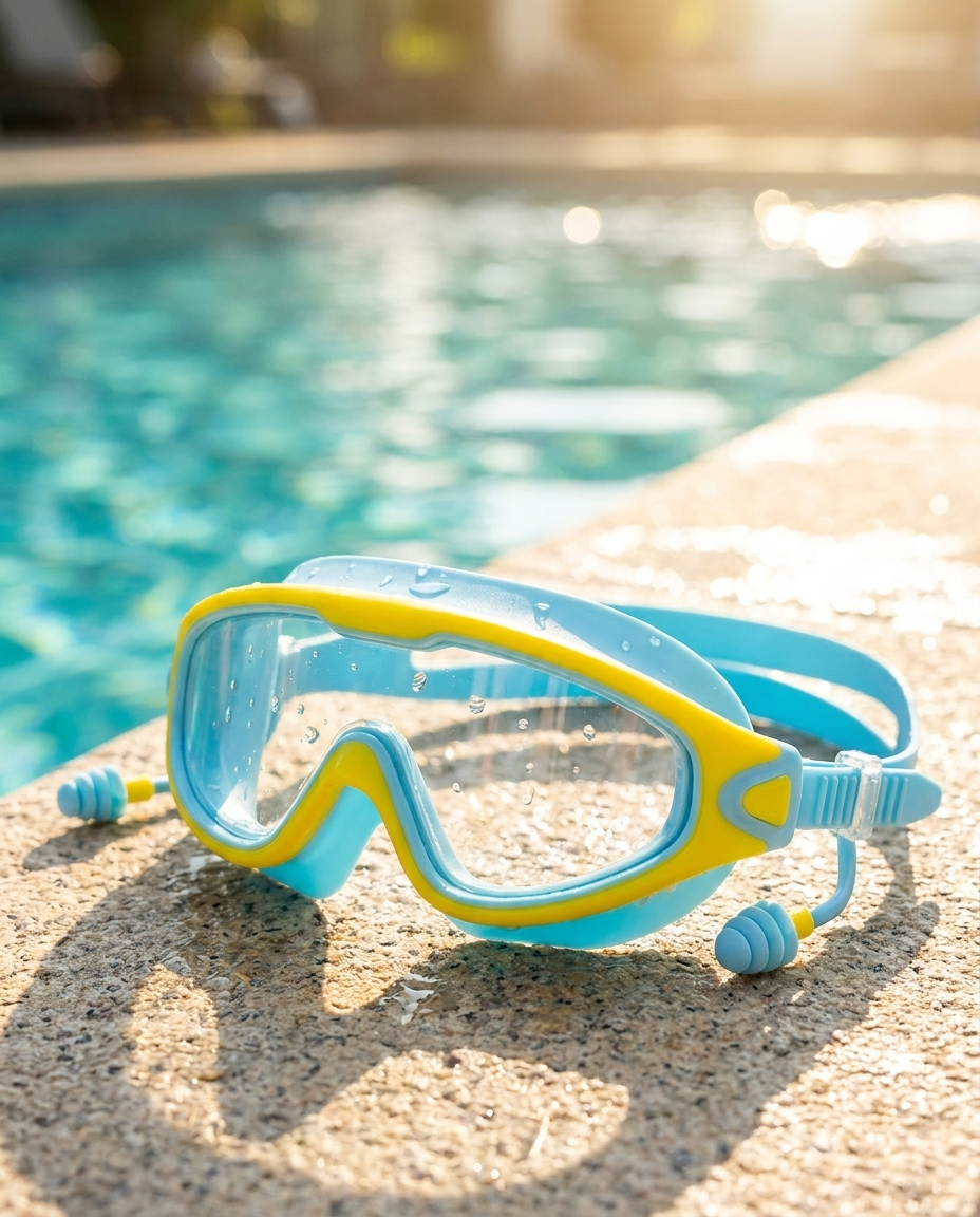 Gafas azul y amarillo en la piscina