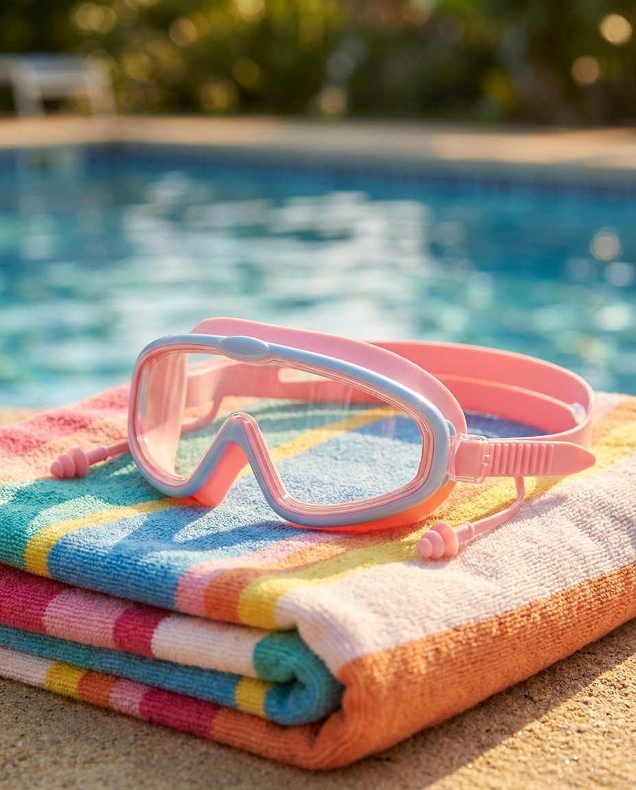Gafas rosa sobre toalla