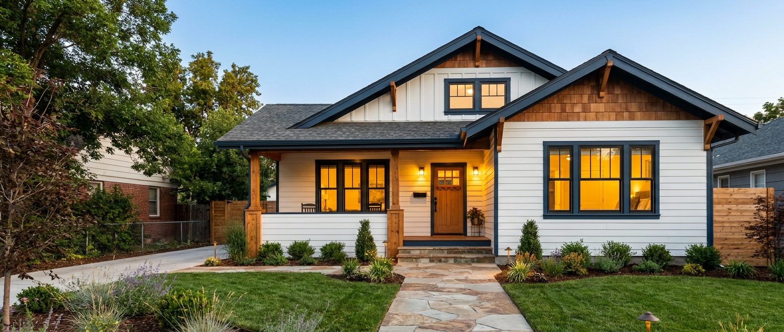 A beautifully renovated home exterior at golden hour