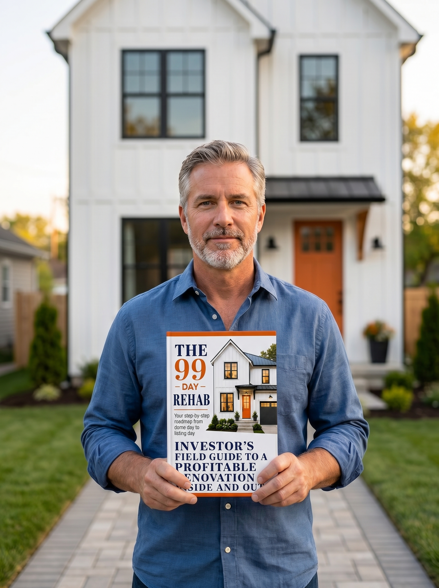 An investor displaying The 99-Day Rehab field guide in front of a tall, narrow renovated home