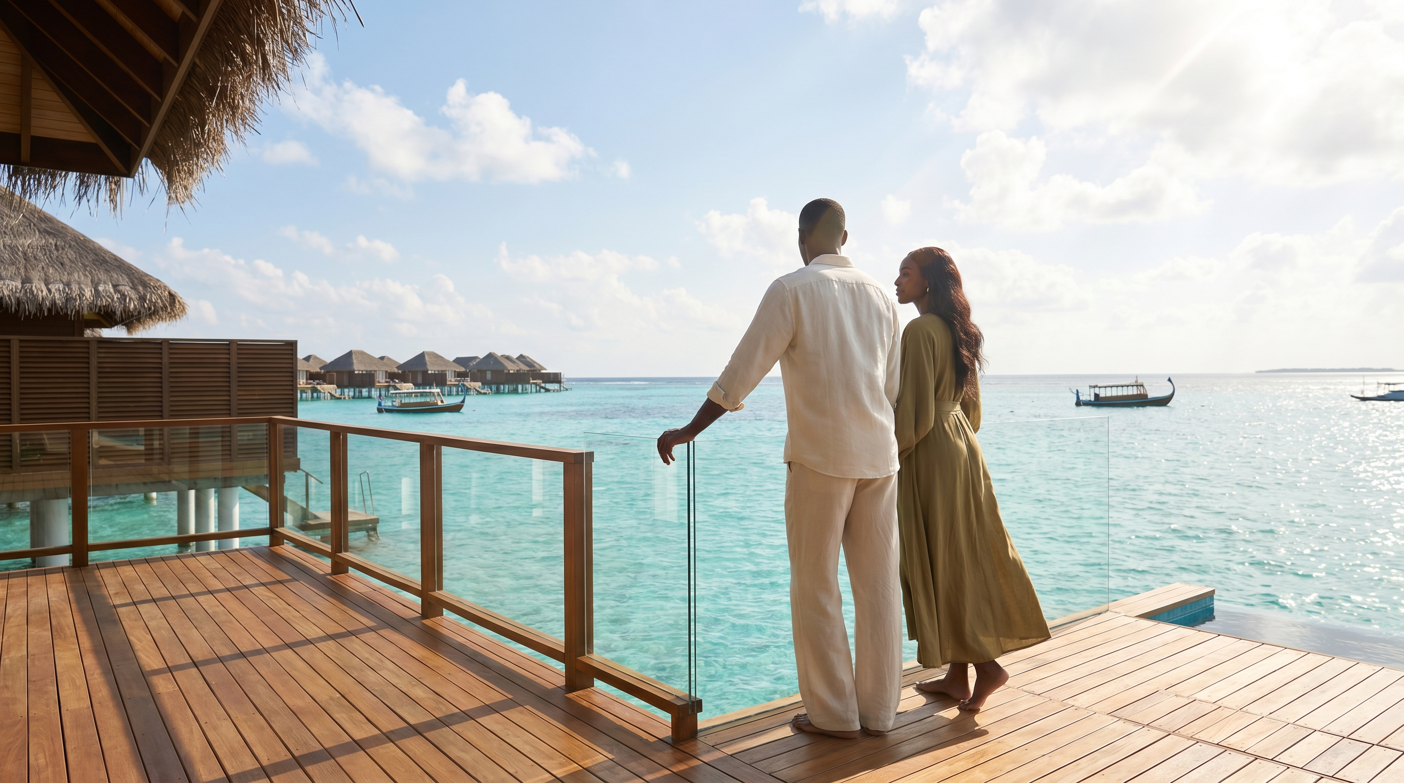 Elegant couple on the sun-deck of a Maldives overwater villa