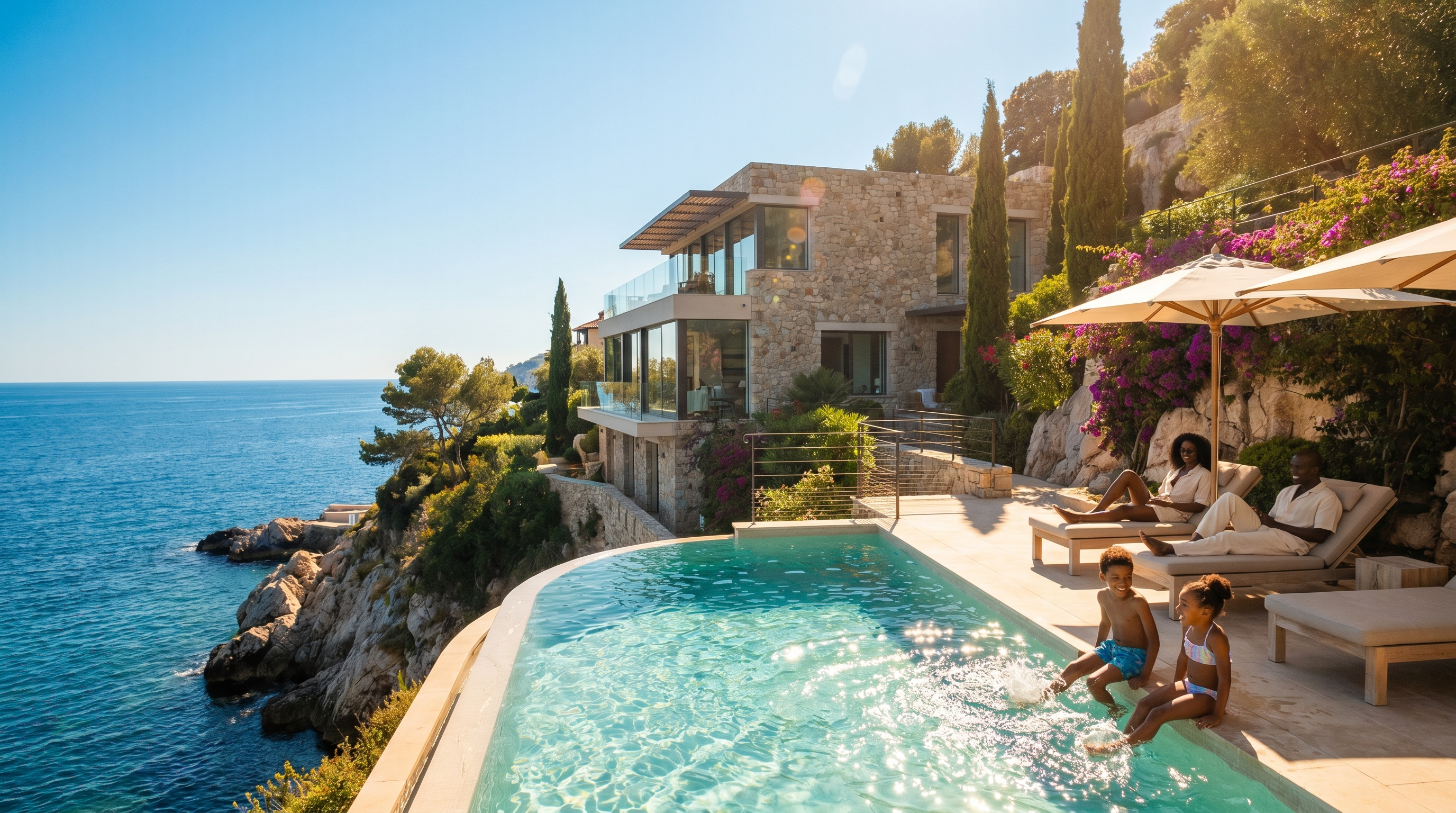 Family relaxing by the infinity pool of a Mediterranean cliffside villa