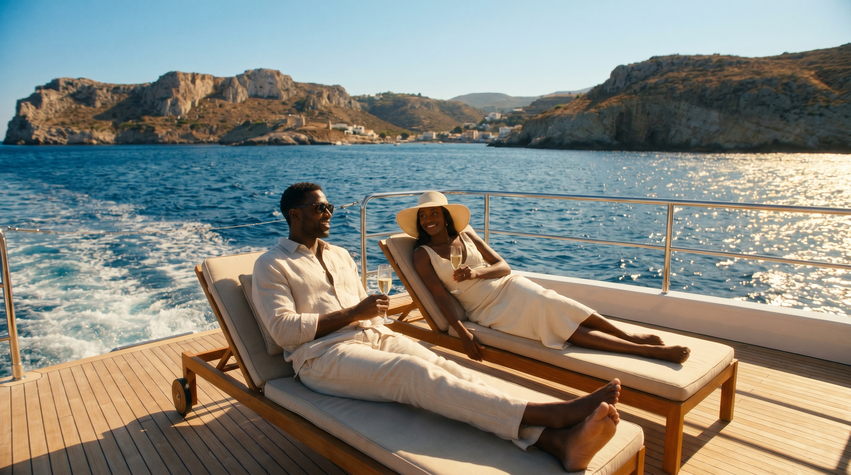 Couple aboard a superyacht cruising the sunlit Mediterranean