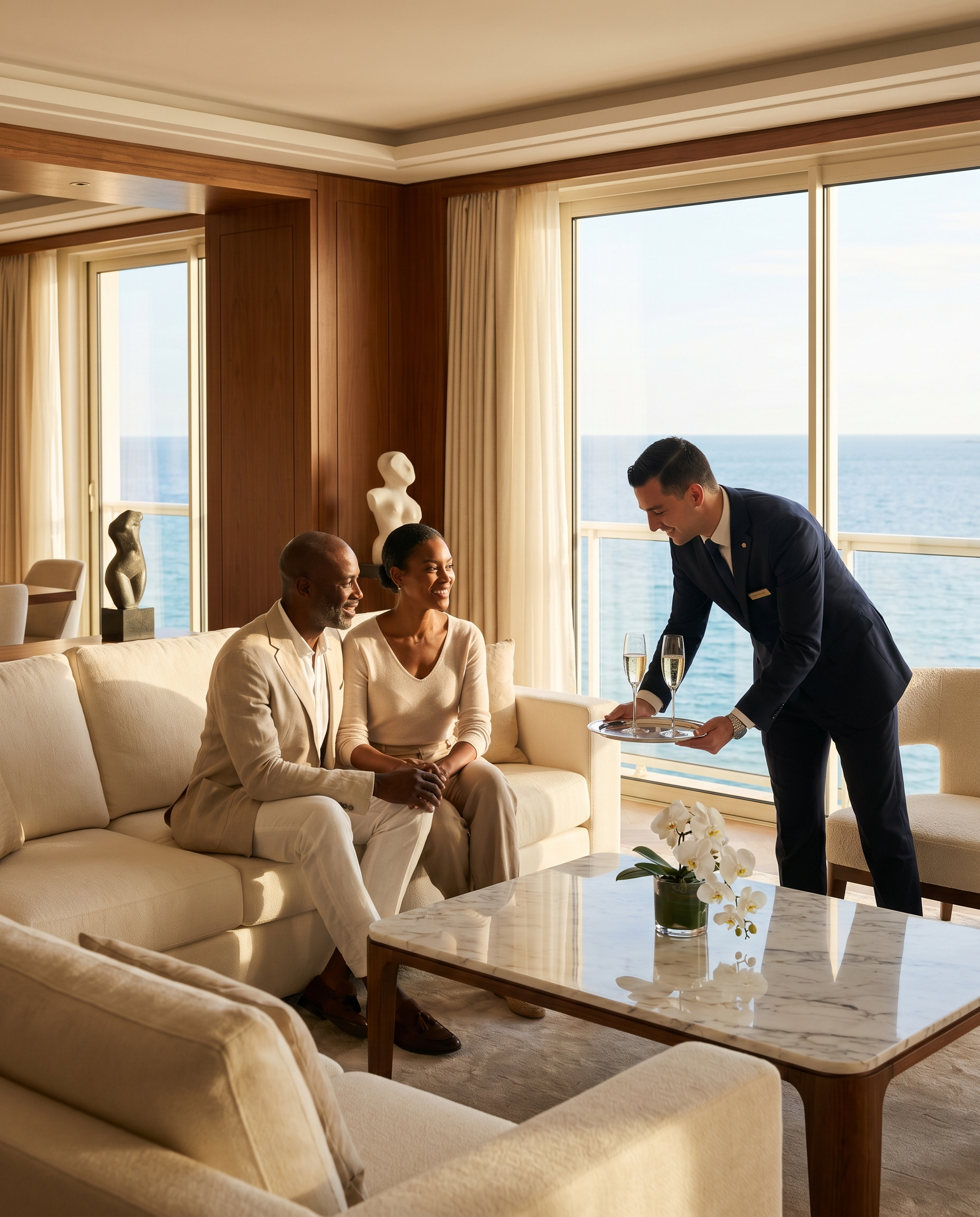 Couple welcomed with champagne in a luxury suite by a concierge