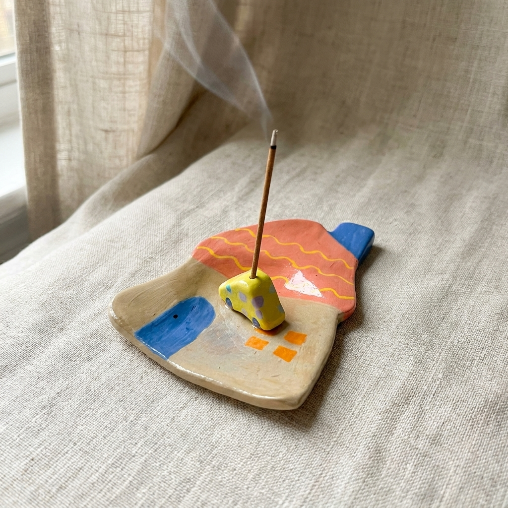 Hand-painted clay house-shaped incense holder